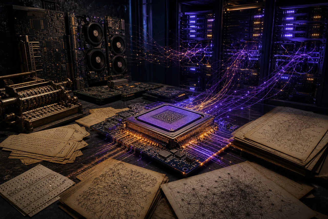 AI 프로세서와 GPU 서버, 연결된 신경망 구조를 표현한 기술 이미지