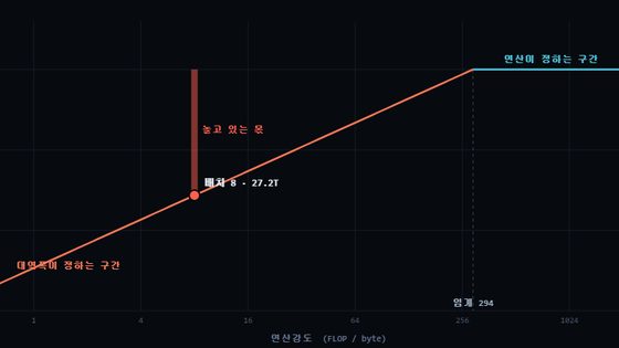 루프라인 — 연산강도 대 도달 성능 그래프